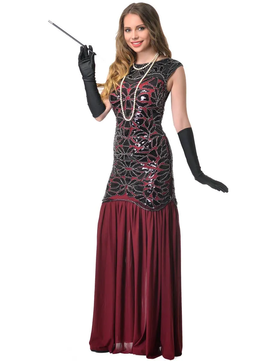 Long Maroon 1920s Womens Hollywood Great Gatsby Costume