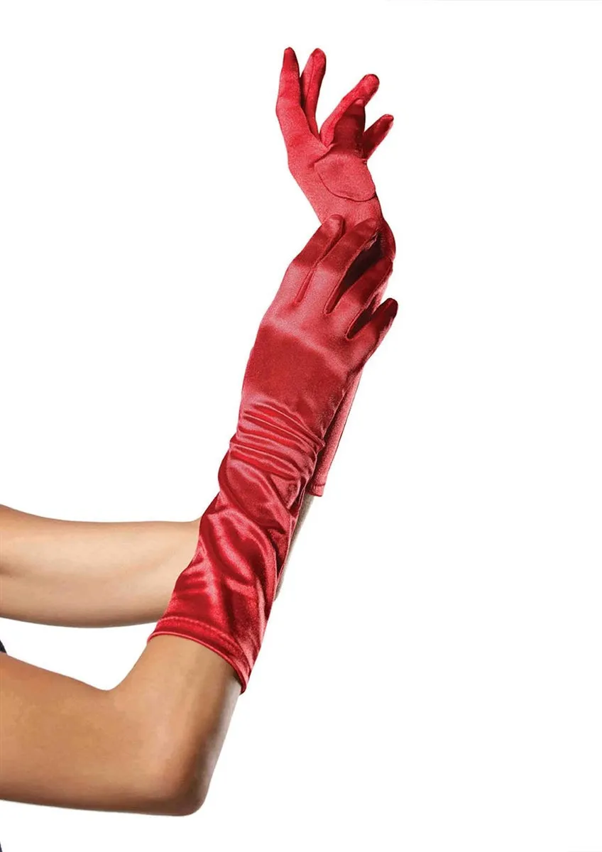 Long Stretch Satin Gloves in Red