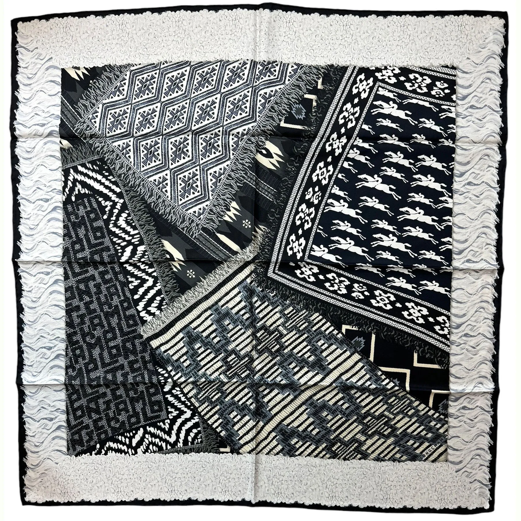 Longchamp Silk Scarf Black White Gray Dark Blue Multi Design - Square Foulard