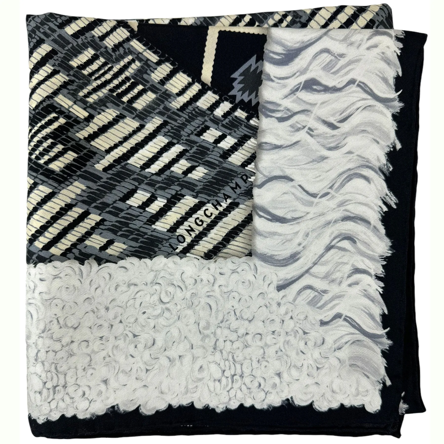 Longchamp Silk Scarf Black White Gray Dark Blue Multi Design - Square Foulard