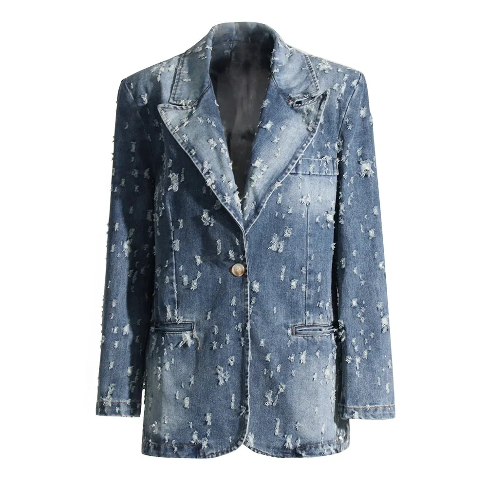 Loose Casual Coats For Women Notched Collar Long Sleeve Hole Hollow Out Denim Jacket Female Fashion Clothing