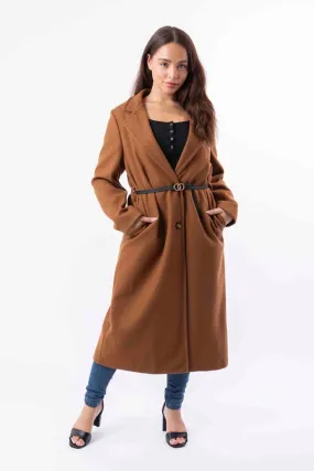 Loose Fit Circle Belt Soft Long Button Down A-Line Lapel Coat