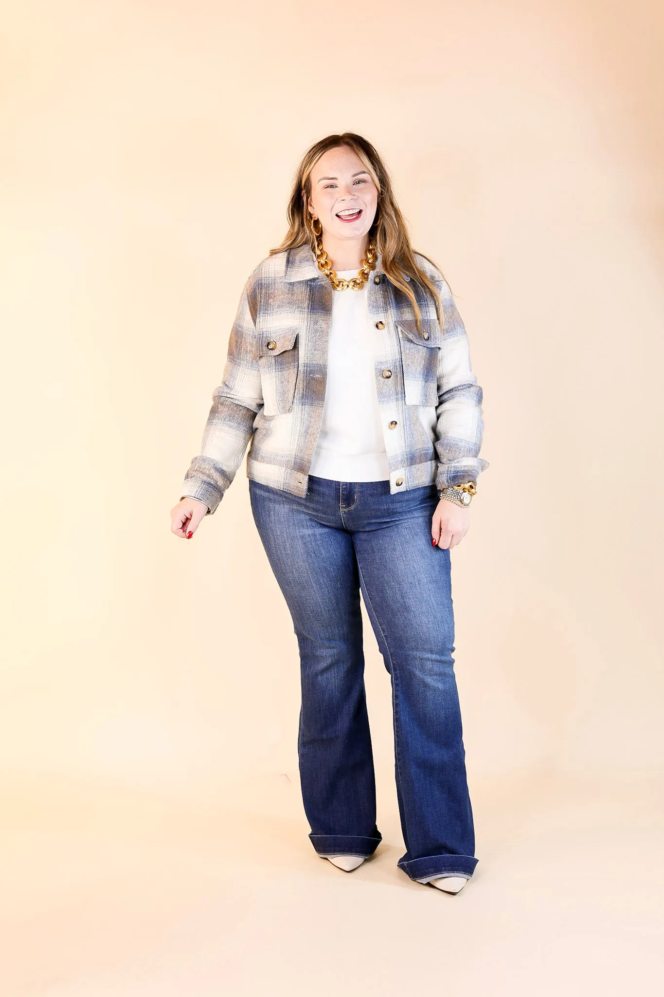 Lost In the Redwoods Button Up Cropped Plaid Jacket in Blue Mix