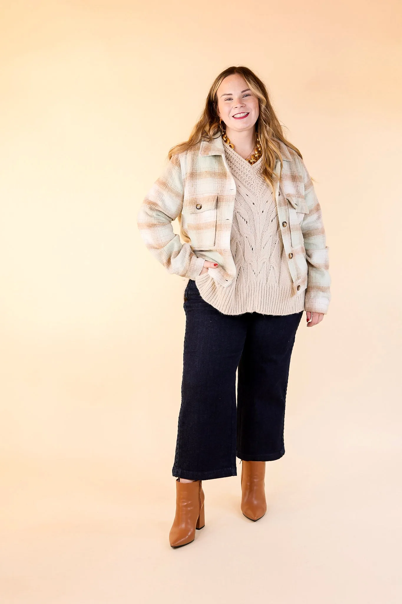 Lost In the Redwoods Button Up Cropped Plaid Jacket in Pistachio Mix