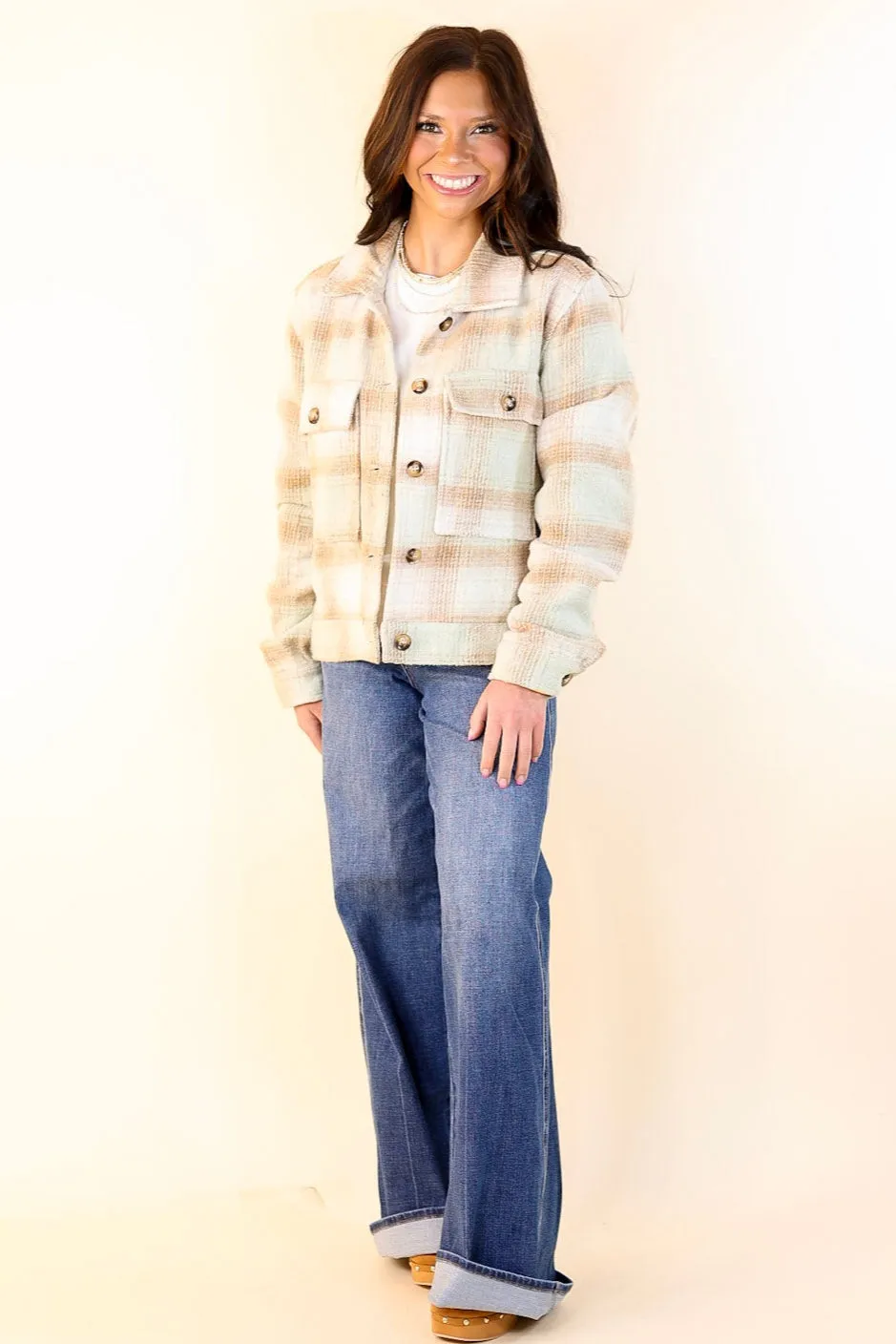 Lost In the Redwoods Button Up Cropped Plaid Jacket in Pistachio Mix