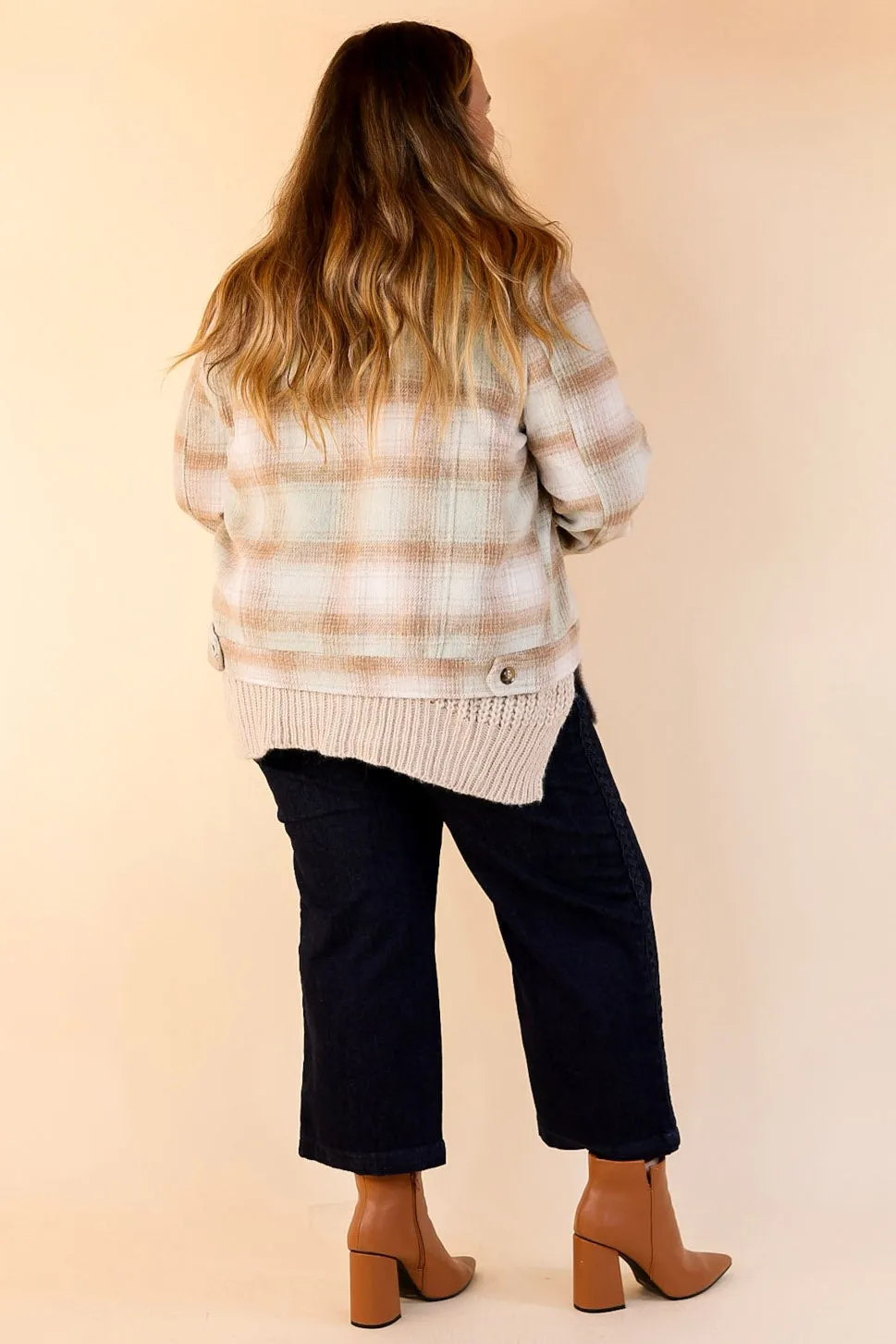 Lost In the Redwoods Button Up Cropped Plaid Jacket in Pistachio Mix