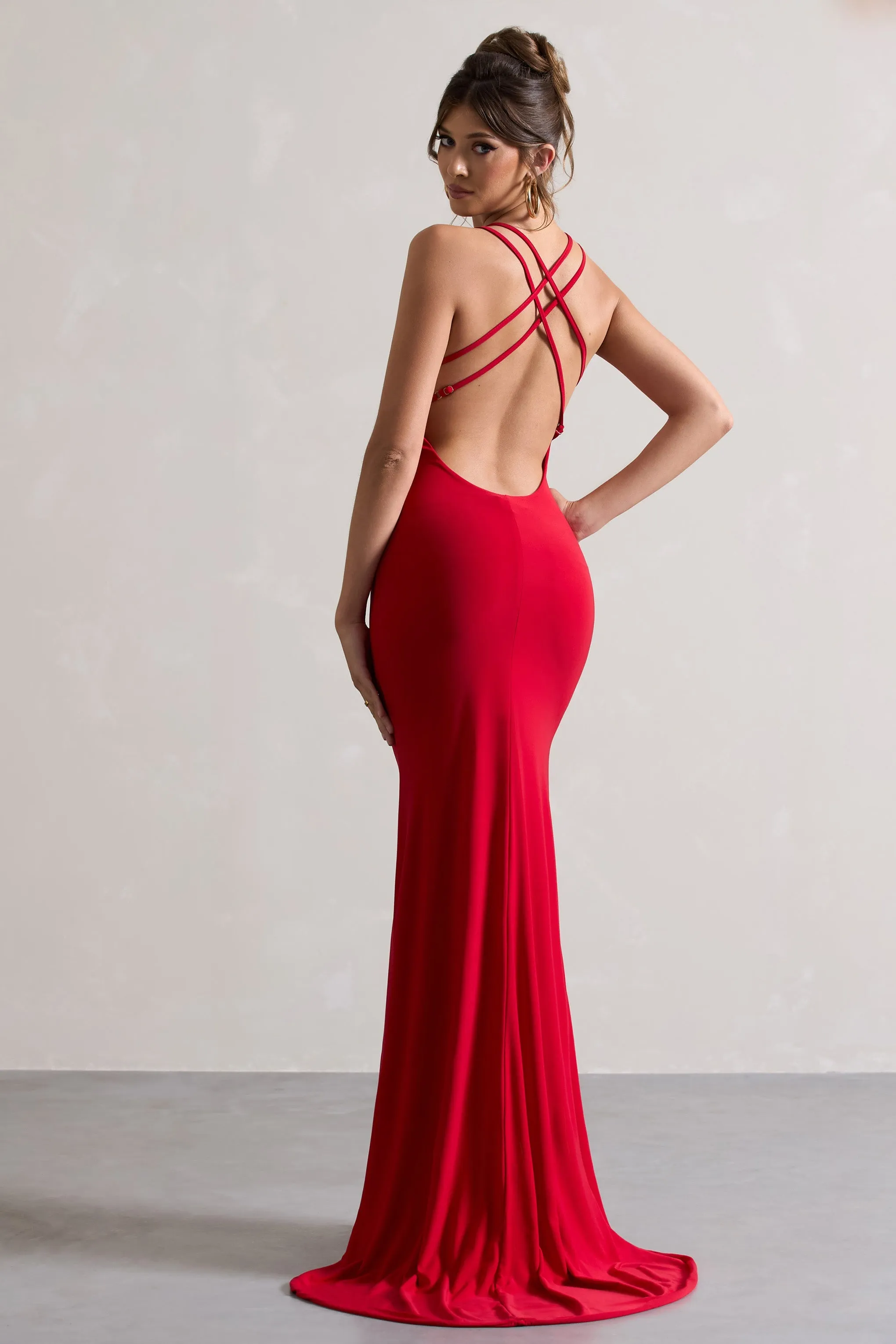 Lucky Day | Red Cross Over Back Fishtail Maxi Dress