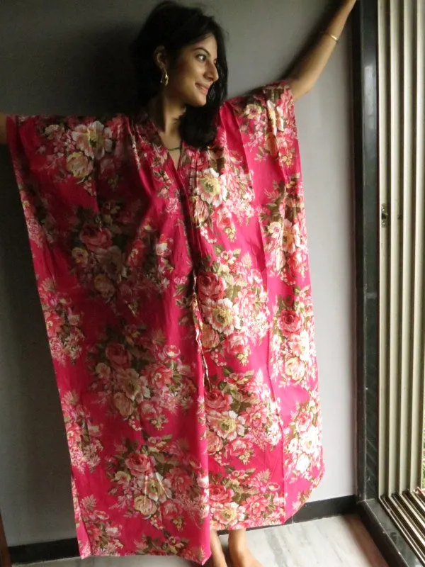 Magenta Floral Rosy Red Posy V-Neck Button Down to Waist, Ankle Length, Cinched Waist Caftan-A6 fabric Code