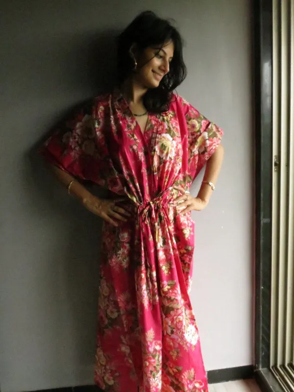 Magenta Floral Rosy Red Posy V-Neck Button Down to Waist, Ankle Length, Cinched Waist Caftan-A6 fabric Code