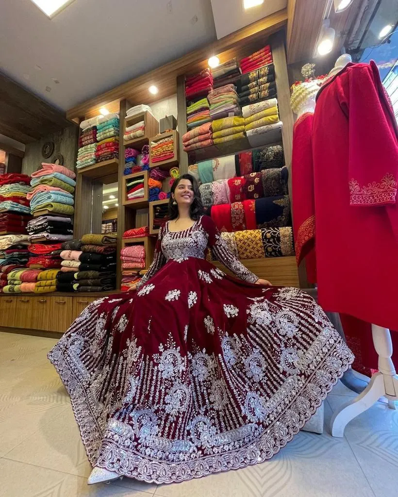 Maroon Anarkali Gown in Velvet with Sequence Work