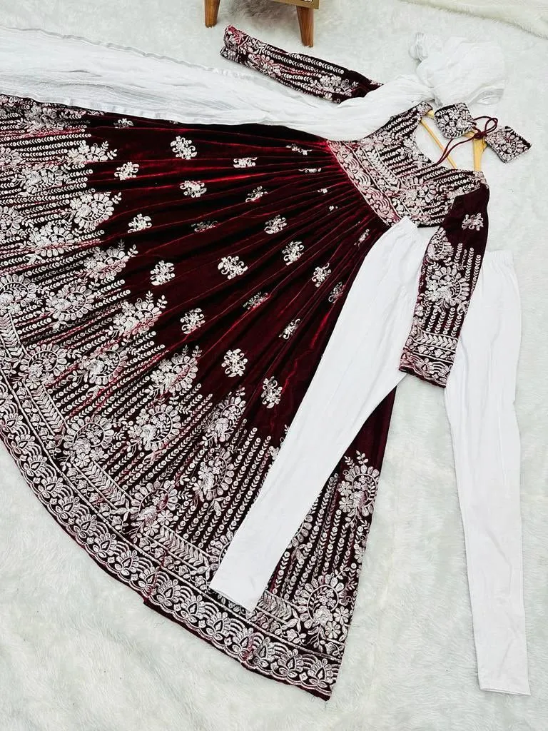 Maroon Anarkali Gown in Velvet with Sequence Work