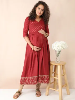 Maroon Angarkha Maternity and Nursing Kurti