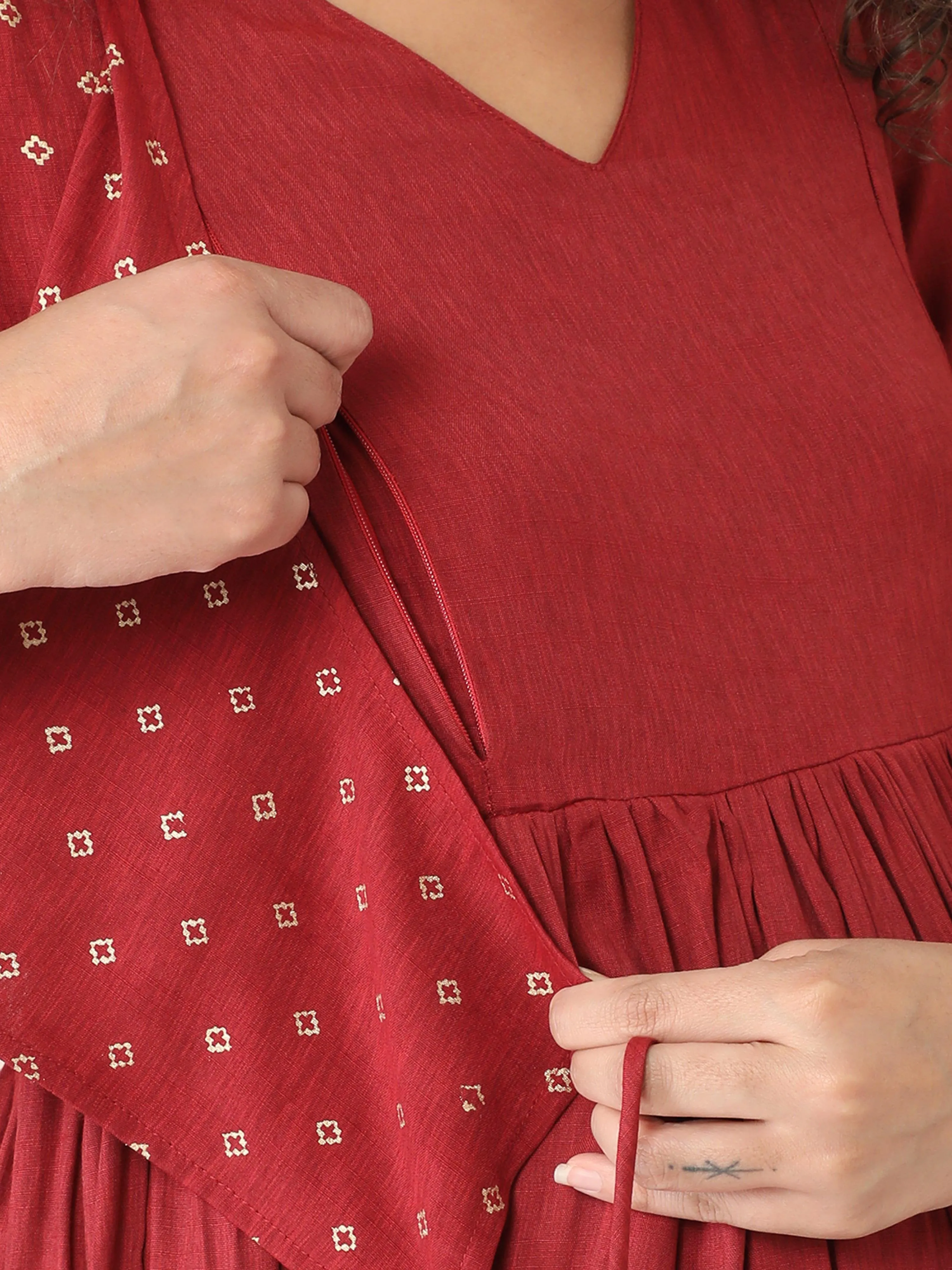 Maroon Angarkha Maternity and Nursing Kurti