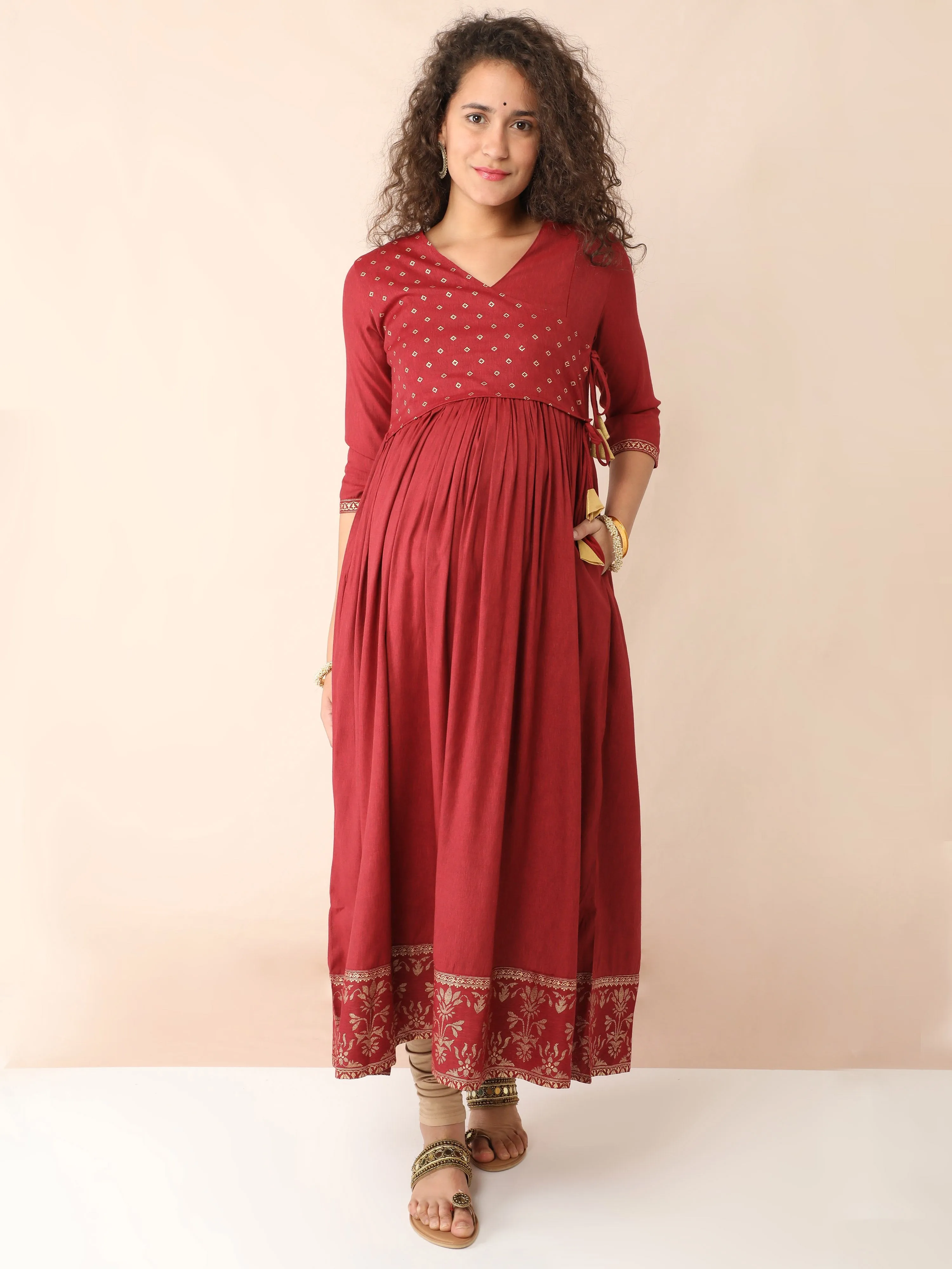 Maroon Angarkha Maternity and Nursing Kurti