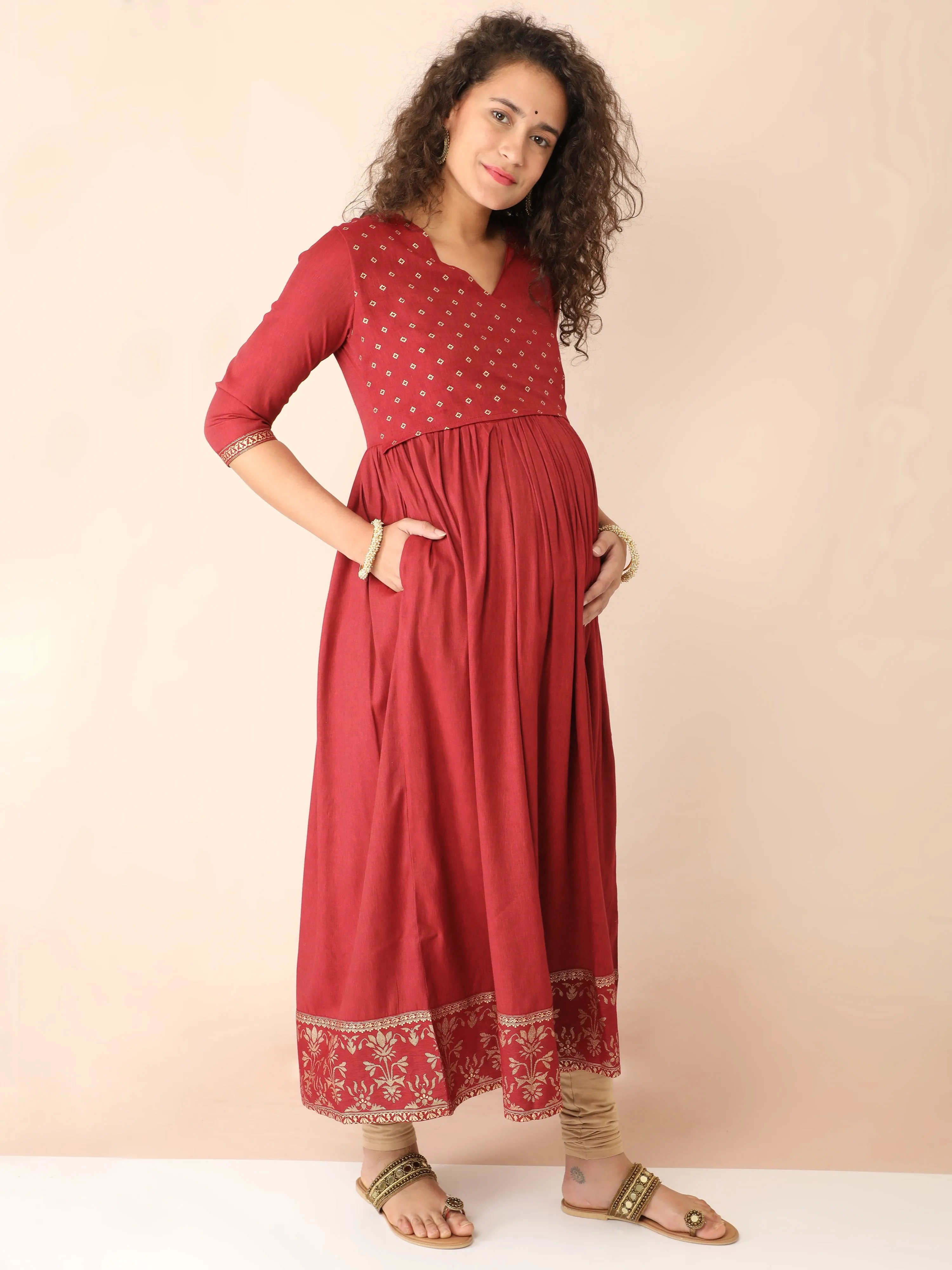 Maroon Angarkha Maternity and Nursing Kurti