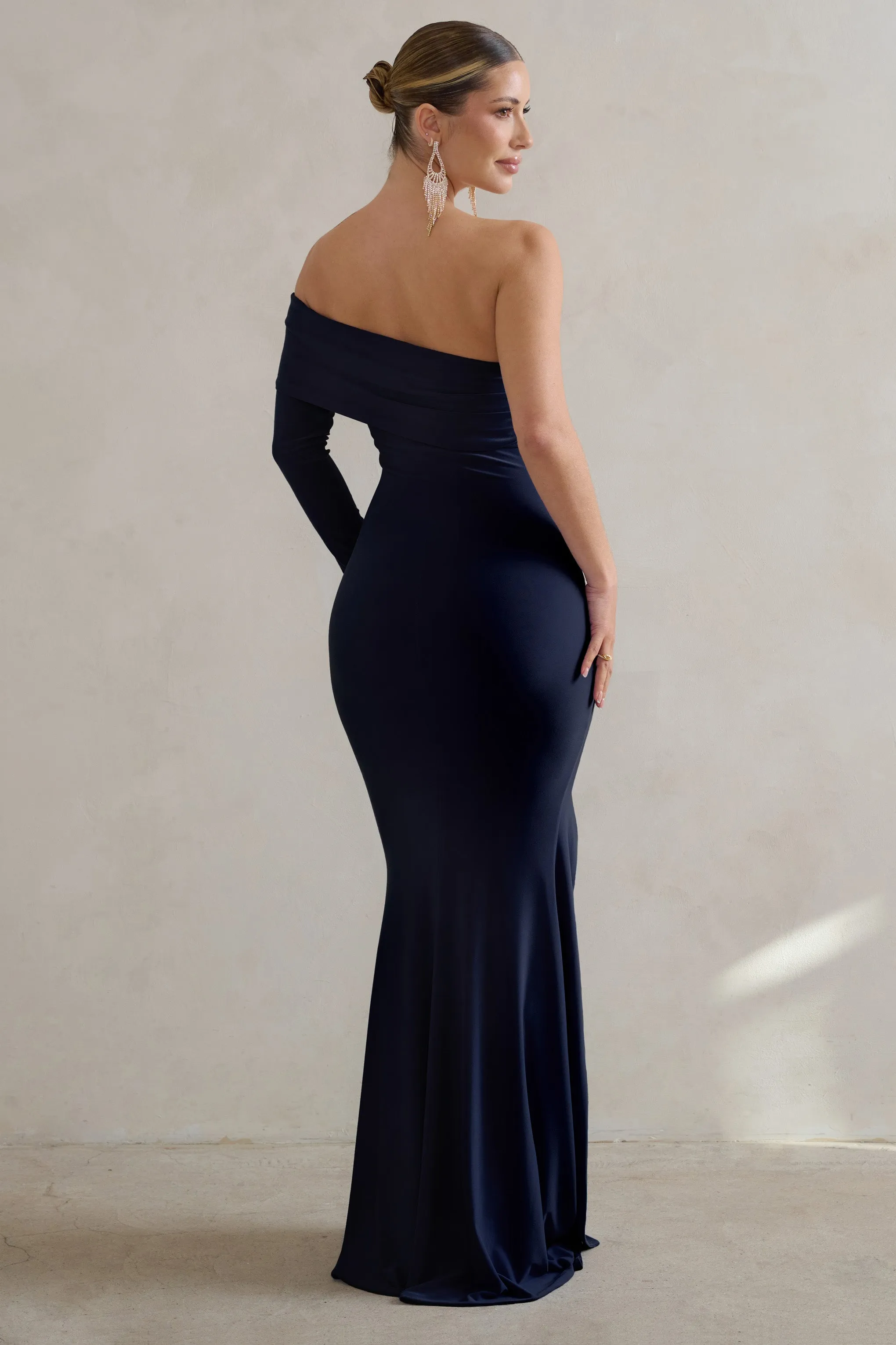 Meghan | Navy Bardot Neck Thigh Split Fishtail Maxi Dress