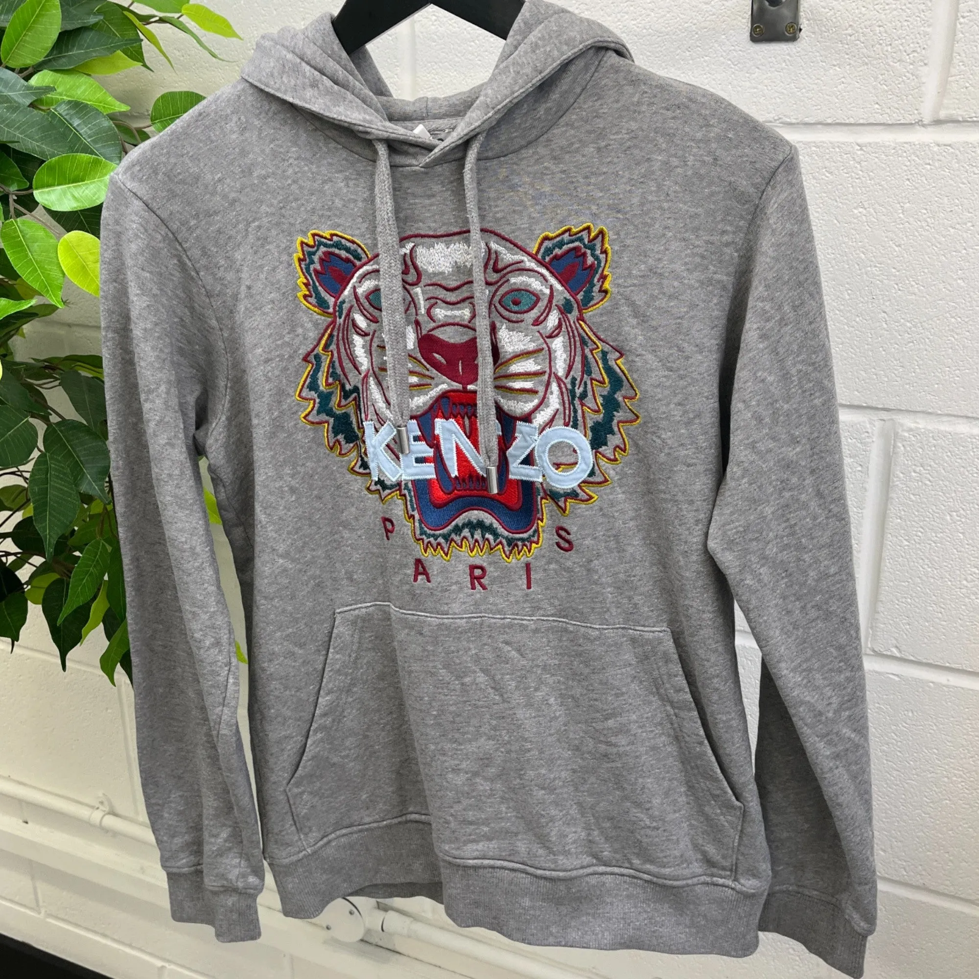 Men's Embroidered Tiger Hoodie Grey Size XS