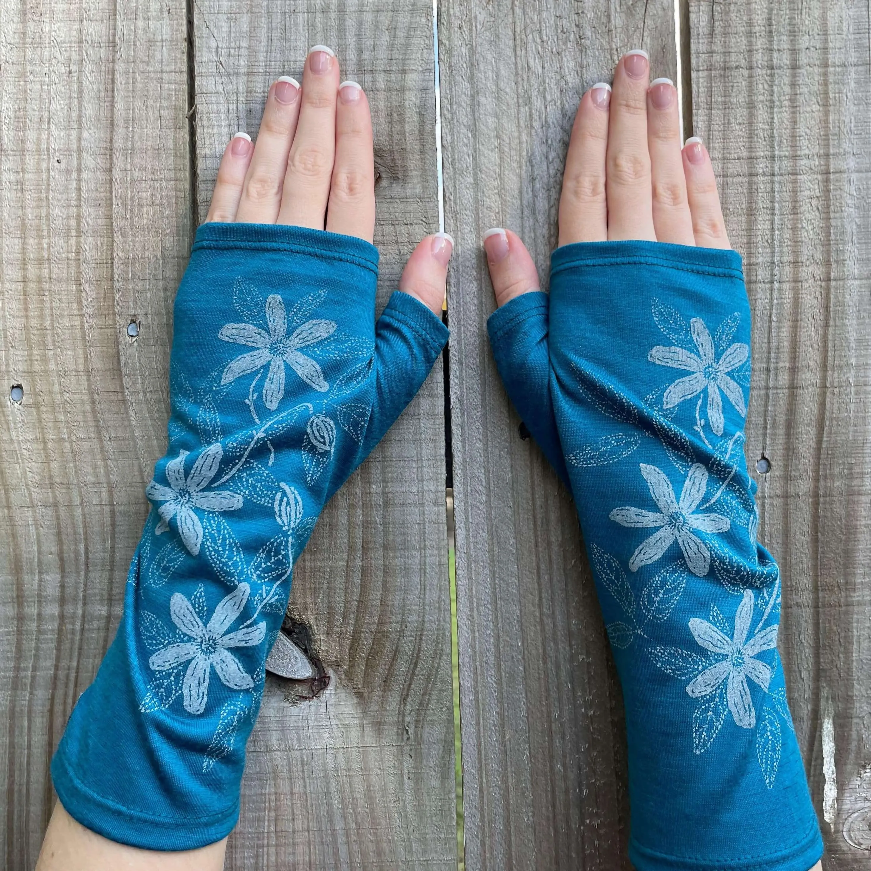 Merino Wool Gloves - Teal Clematis