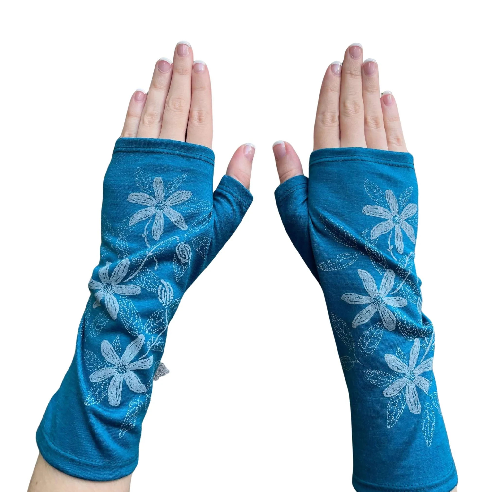 Merino Wool Gloves - Teal Clematis