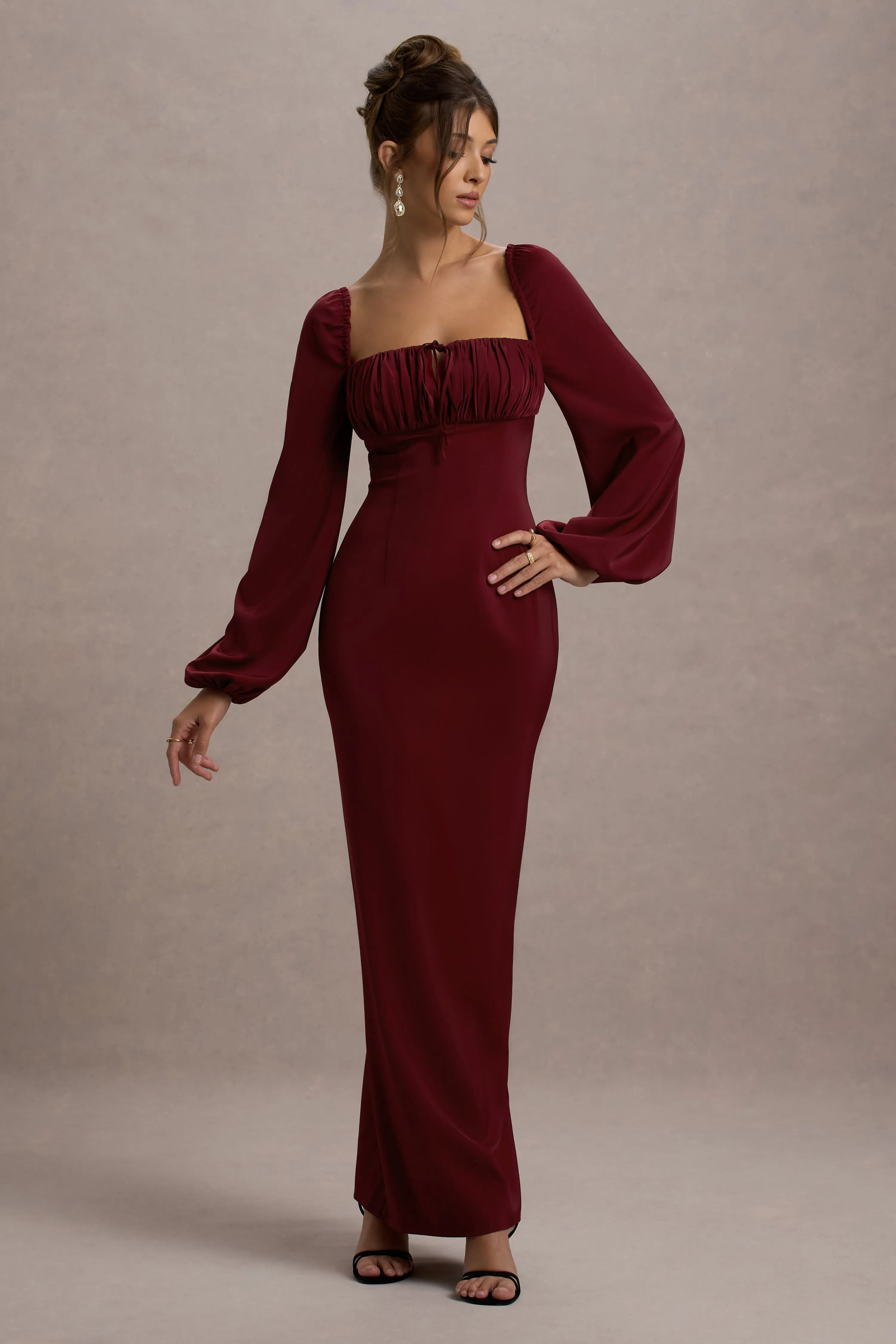 Nika | Berry Satin Square-Neck Balloon-Sleeve Maxi Dress