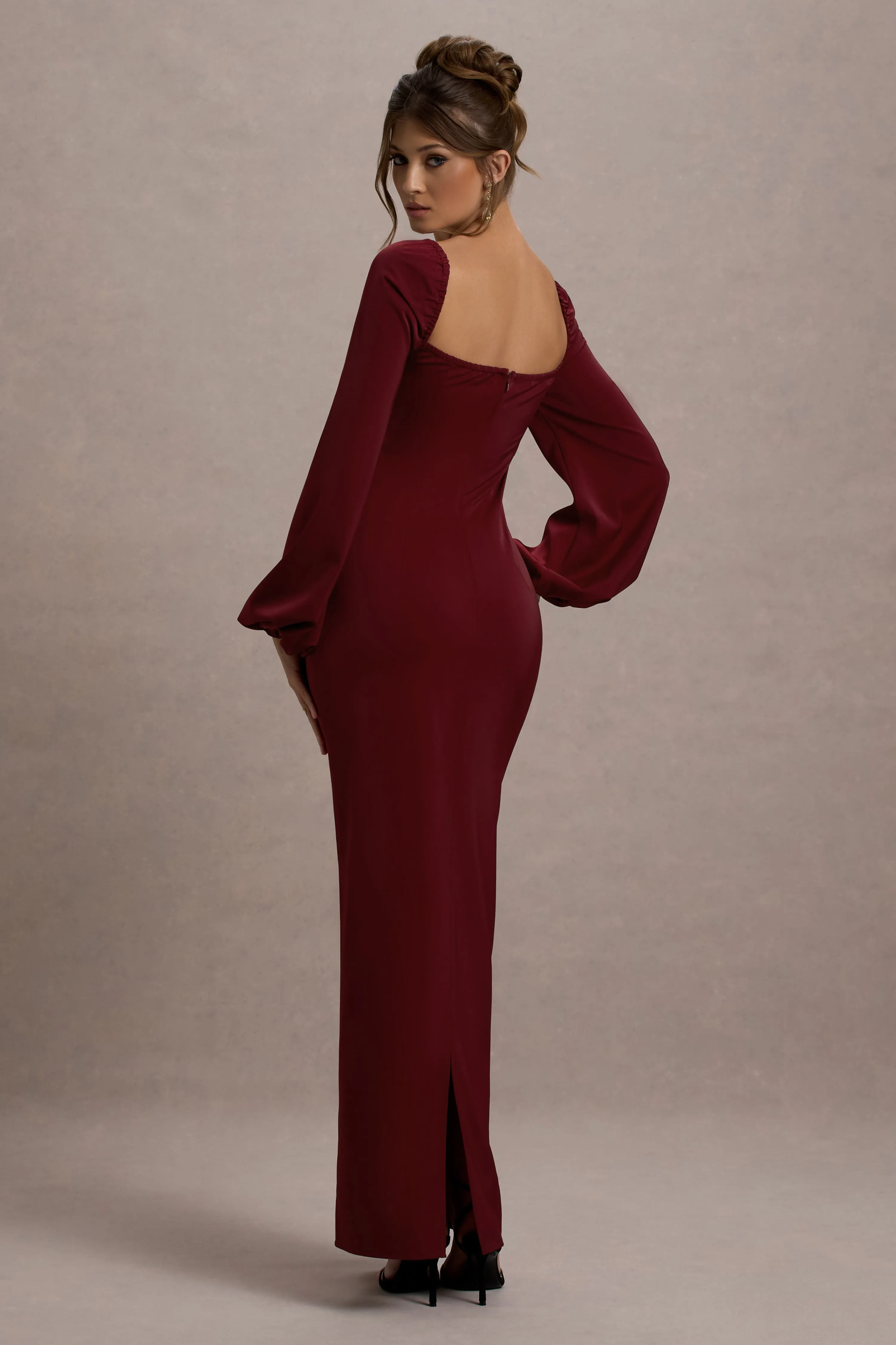 Nika | Berry Satin Square-Neck Balloon-Sleeve Maxi Dress