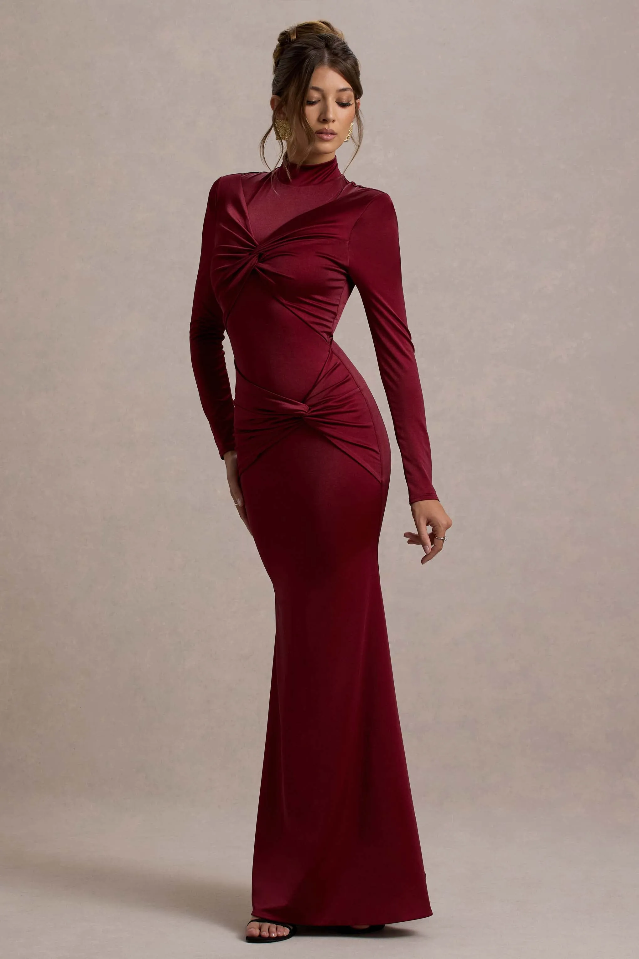 Noya | Berry Long-Sleeve Ruched Fishtail Maxi Dress