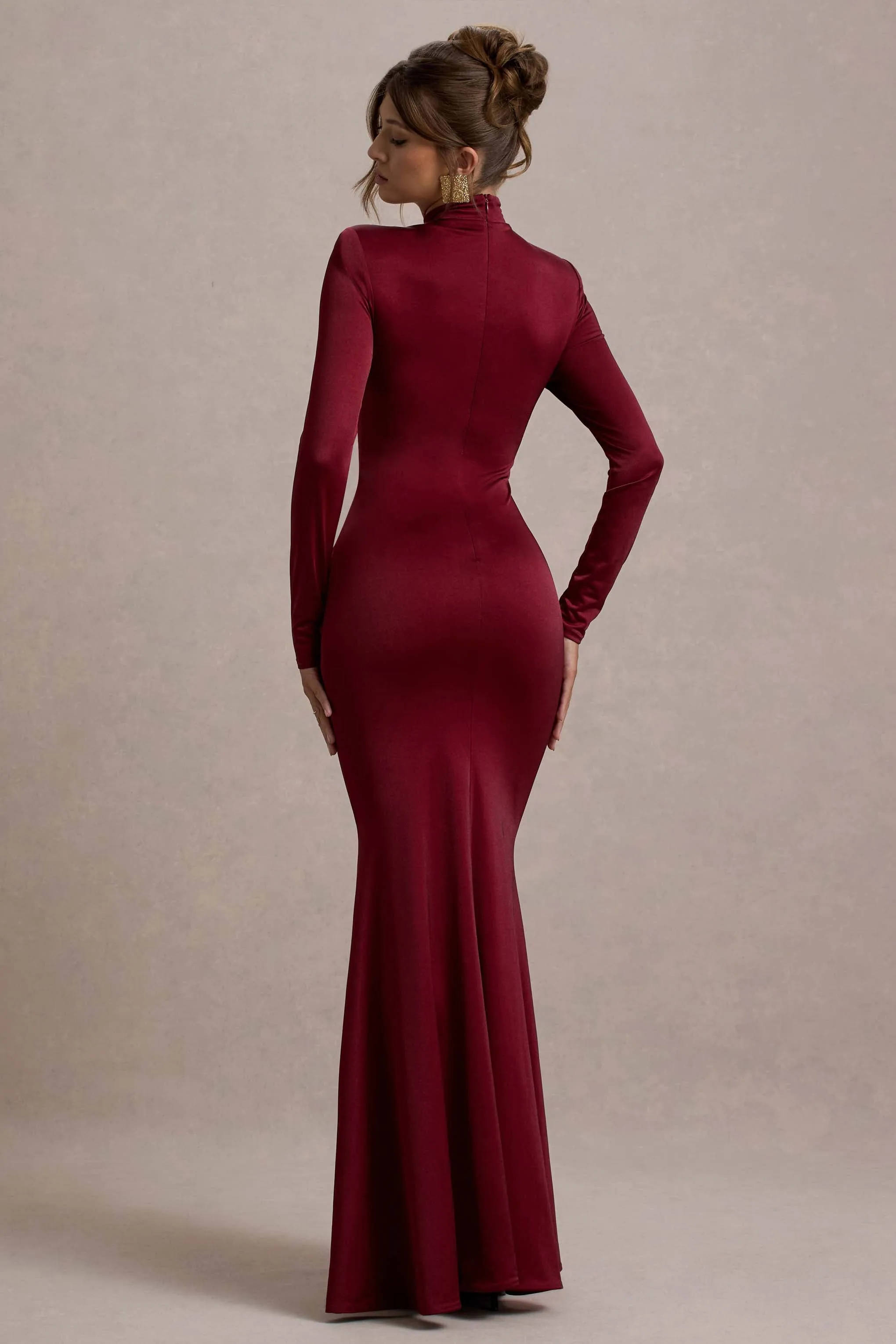 Noya | Berry Long-Sleeve Ruched Fishtail Maxi Dress