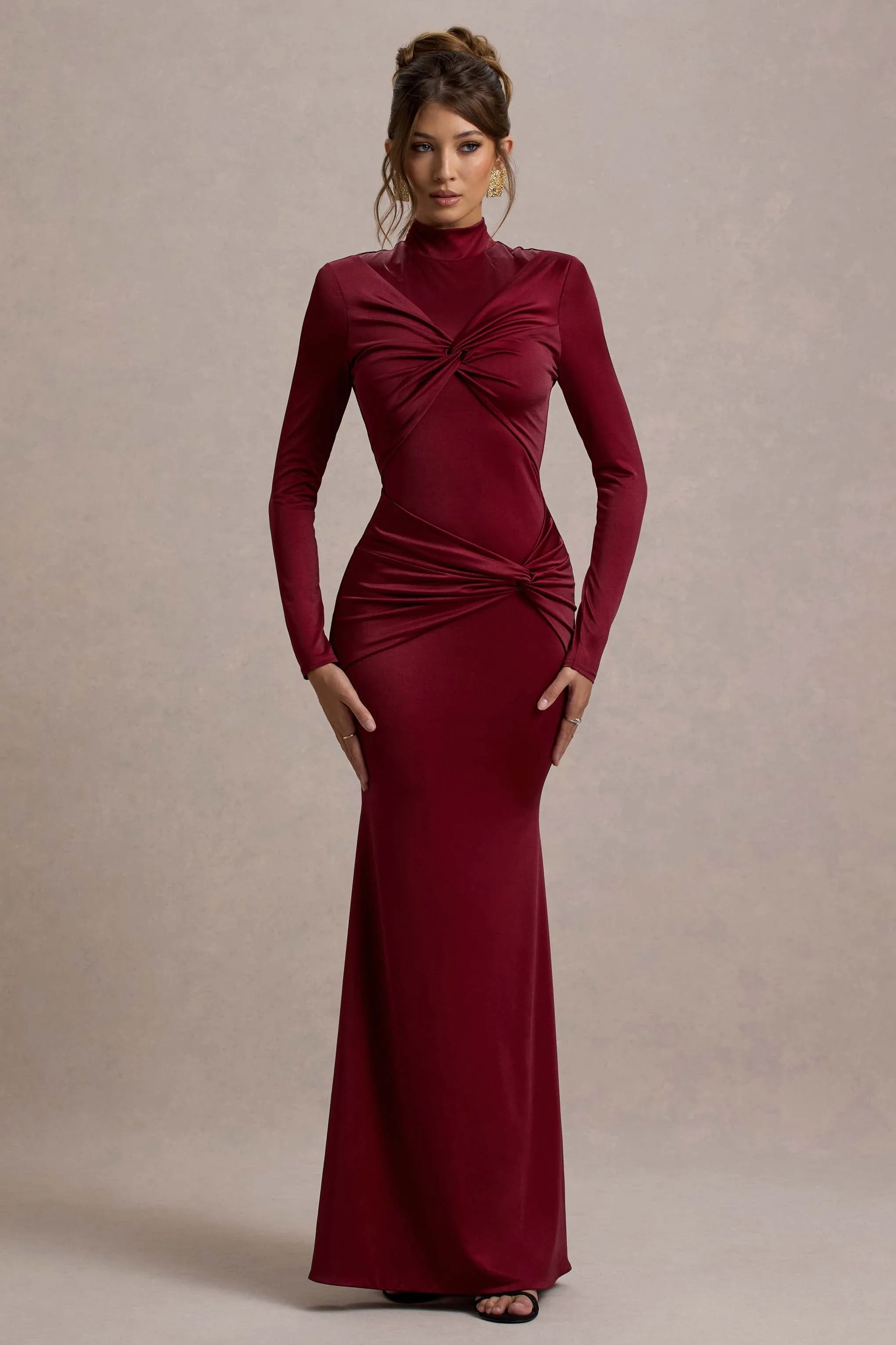 Noya | Berry Long-Sleeve Ruched Fishtail Maxi Dress