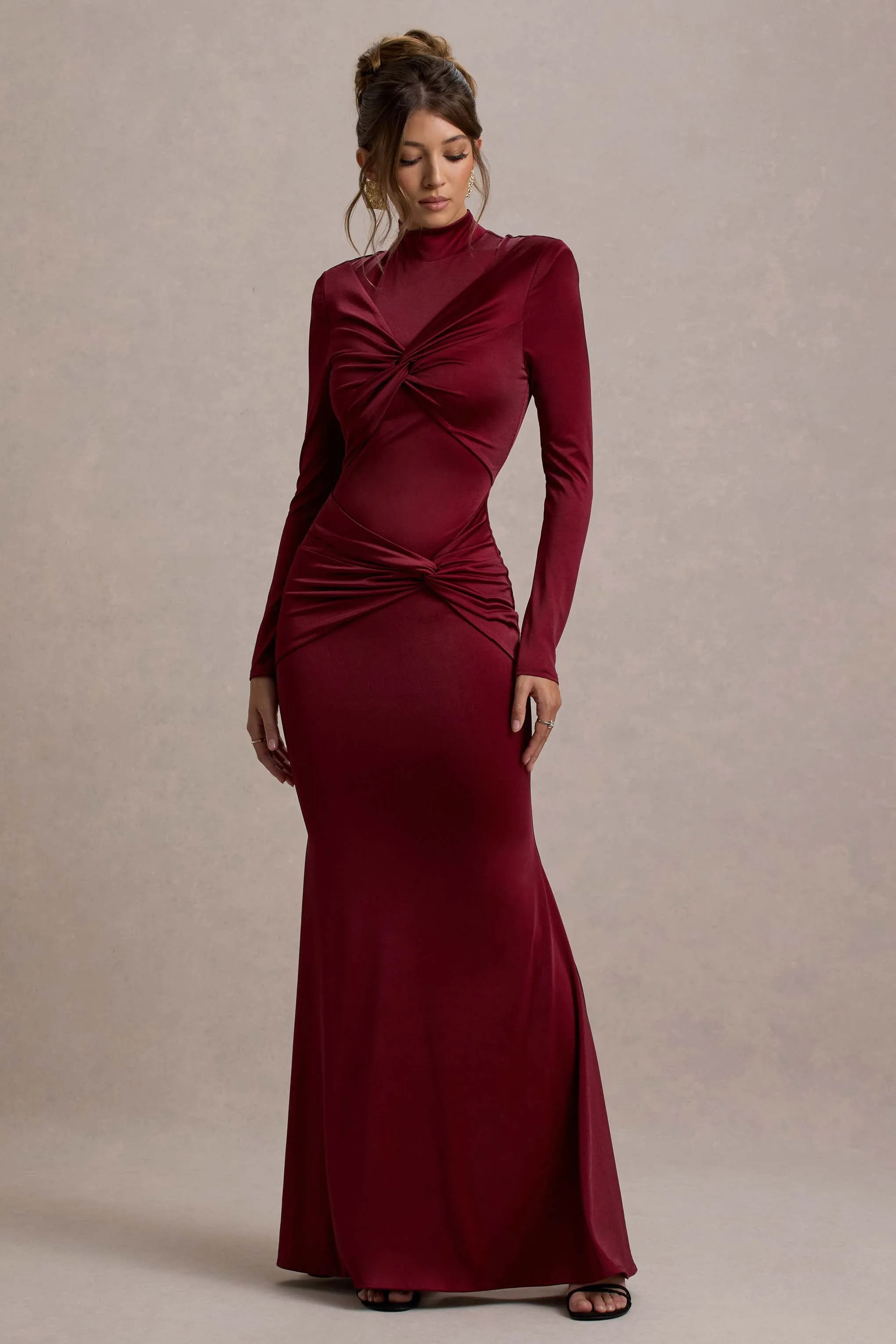 Noya | Berry Long-Sleeve Ruched Fishtail Maxi Dress