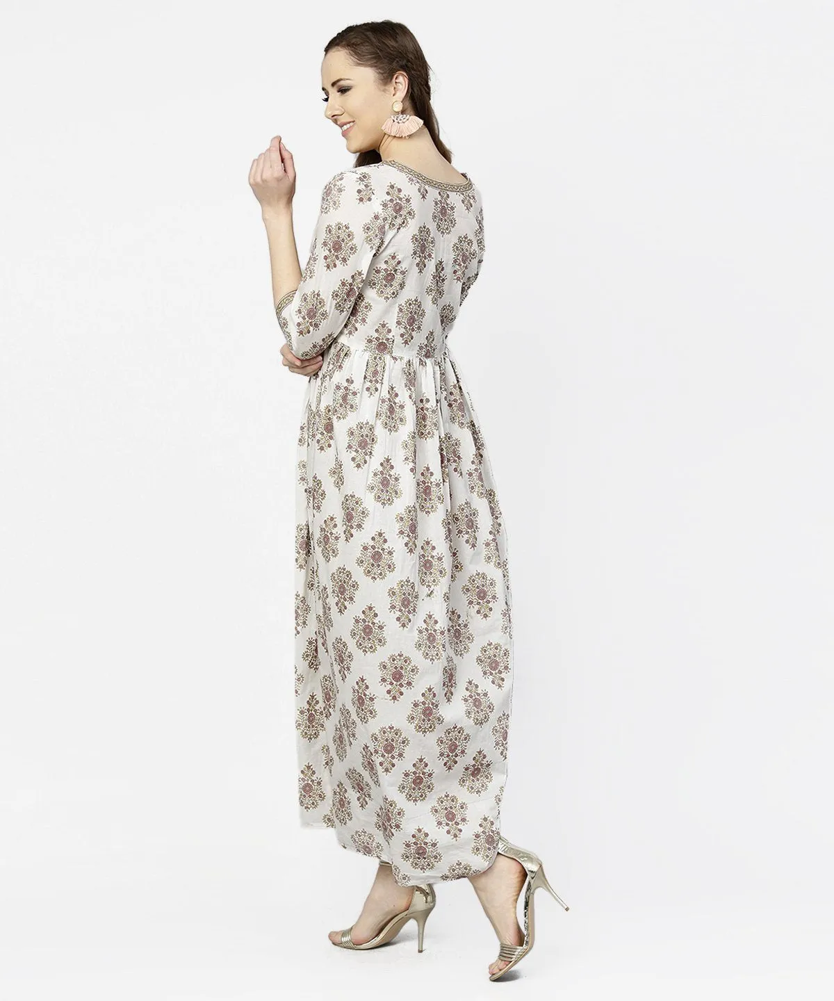 Off White Printed 3/4Th Sleeve Cotton Maxi Dress