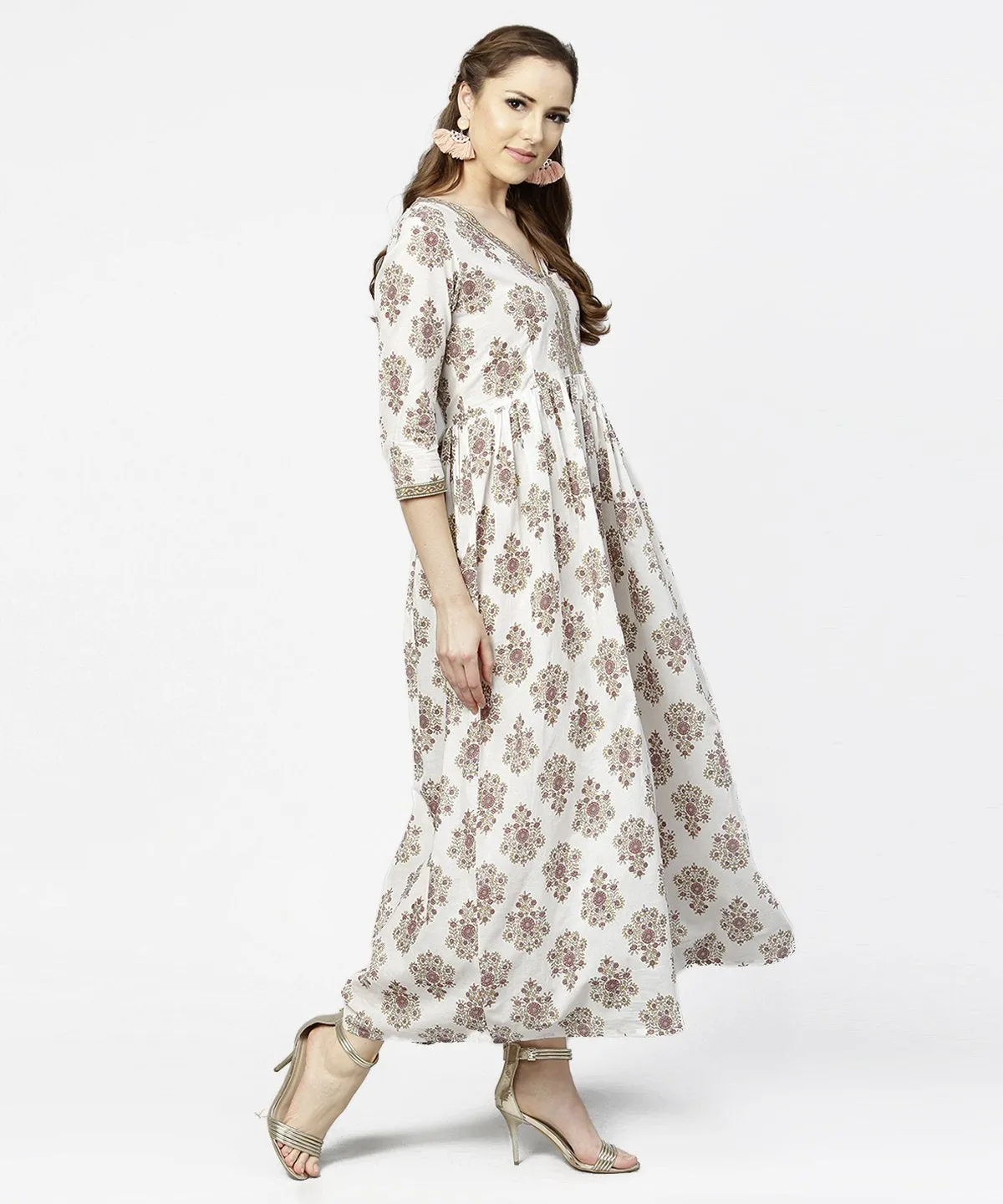 Off White Printed 3/4Th Sleeve Cotton Maxi Dress