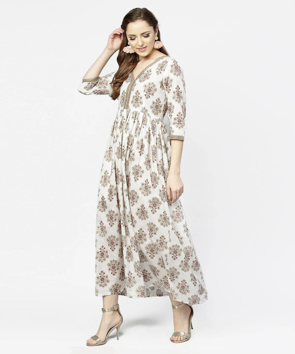 Off White Printed 3/4Th Sleeve Cotton Maxi Dress