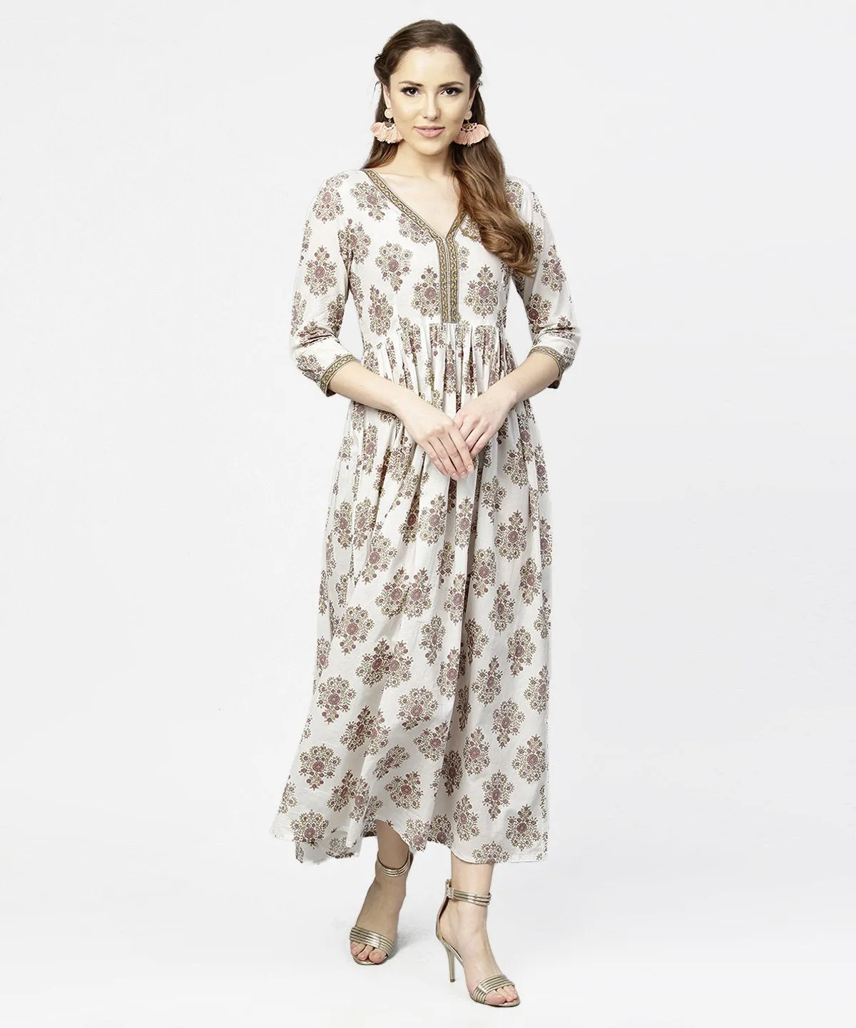 Off White Printed 3/4Th Sleeve Cotton Maxi Dress