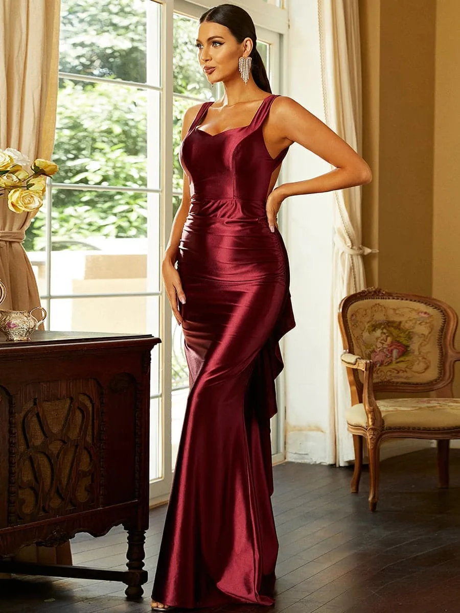 Open Back Mermaid Satin Sleeveless Maxi Red Evening Dress XH2234