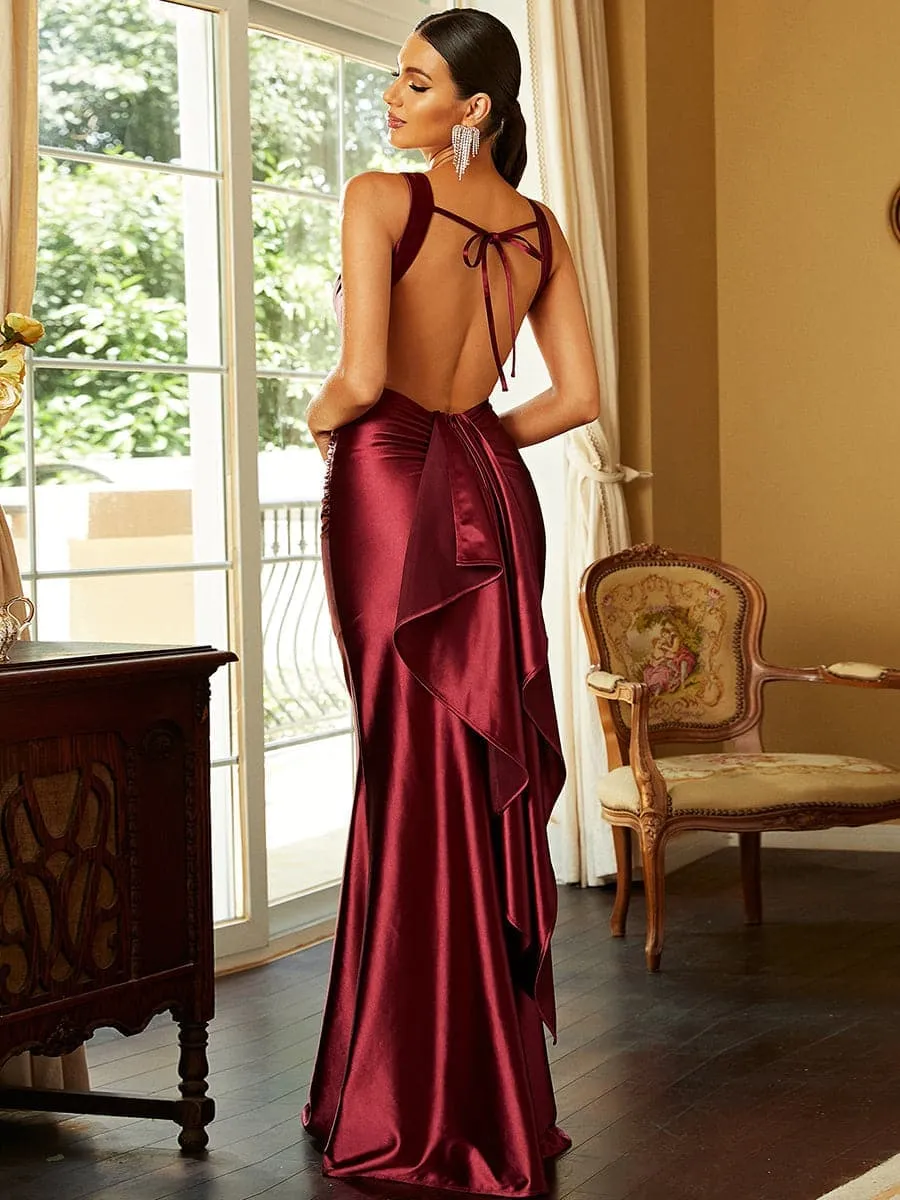 Open Back Mermaid Satin Sleeveless Maxi Red Evening Dress XH2234