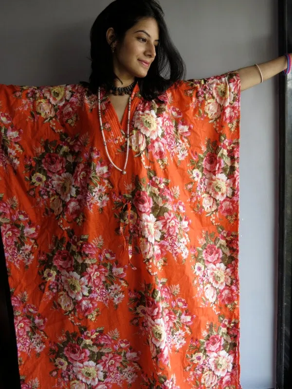 Orange Rosy Red Posy Floral V-Neck, Ankle Length, Cinched Waist Caftan