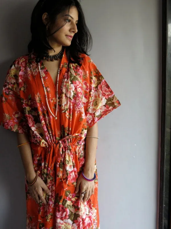 Orange Rosy Red Posy Floral V-Neck, Ankle Length, Cinched Waist Caftan