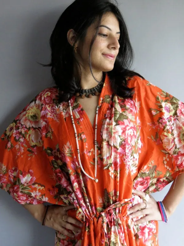 Orange Rosy Red Posy Floral V-Neck, Ankle Length, Cinched Waist Caftan