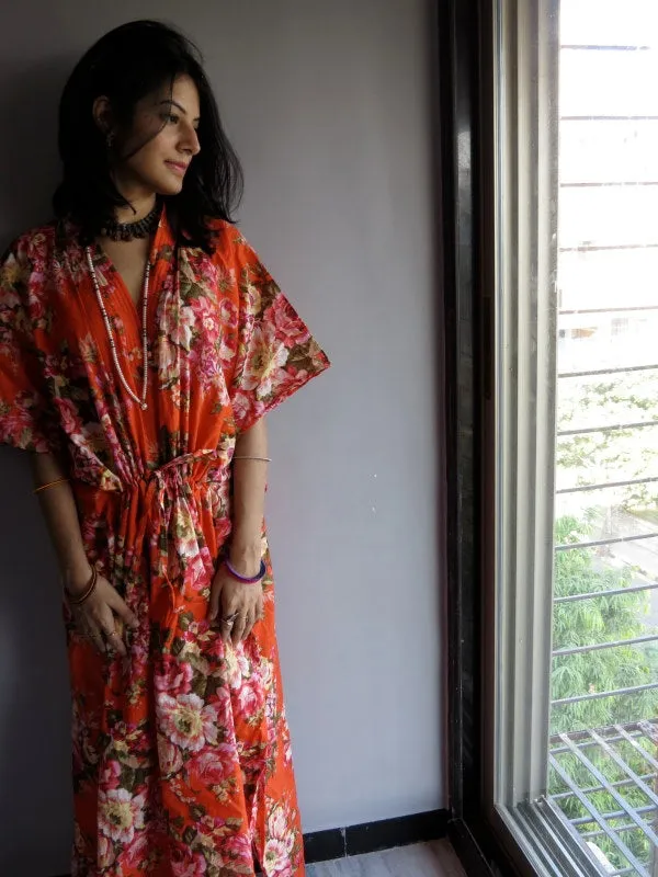 Orange Rosy Red Posy Floral V-Neck, Ankle Length, Cinched Waist Caftan