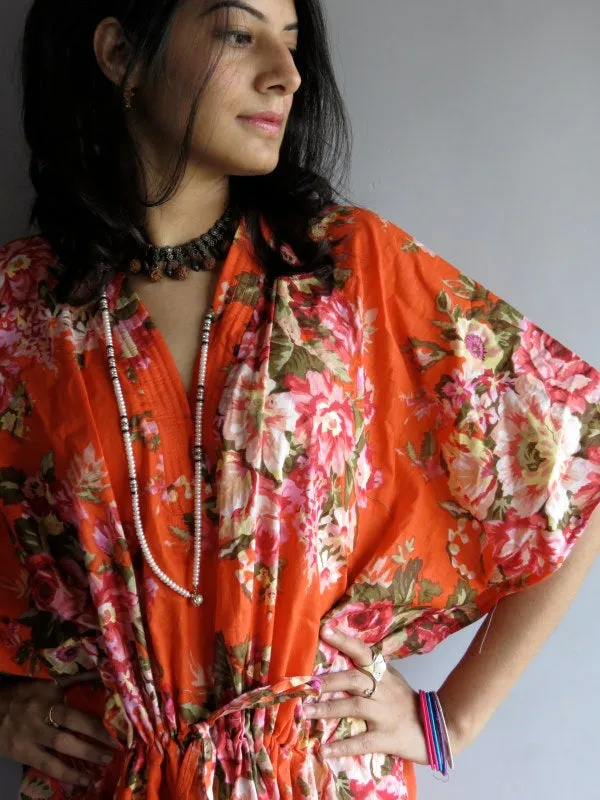 Orange Rosy Red Posy Floral V-Neck, Ankle Length, Cinched Waist Caftan