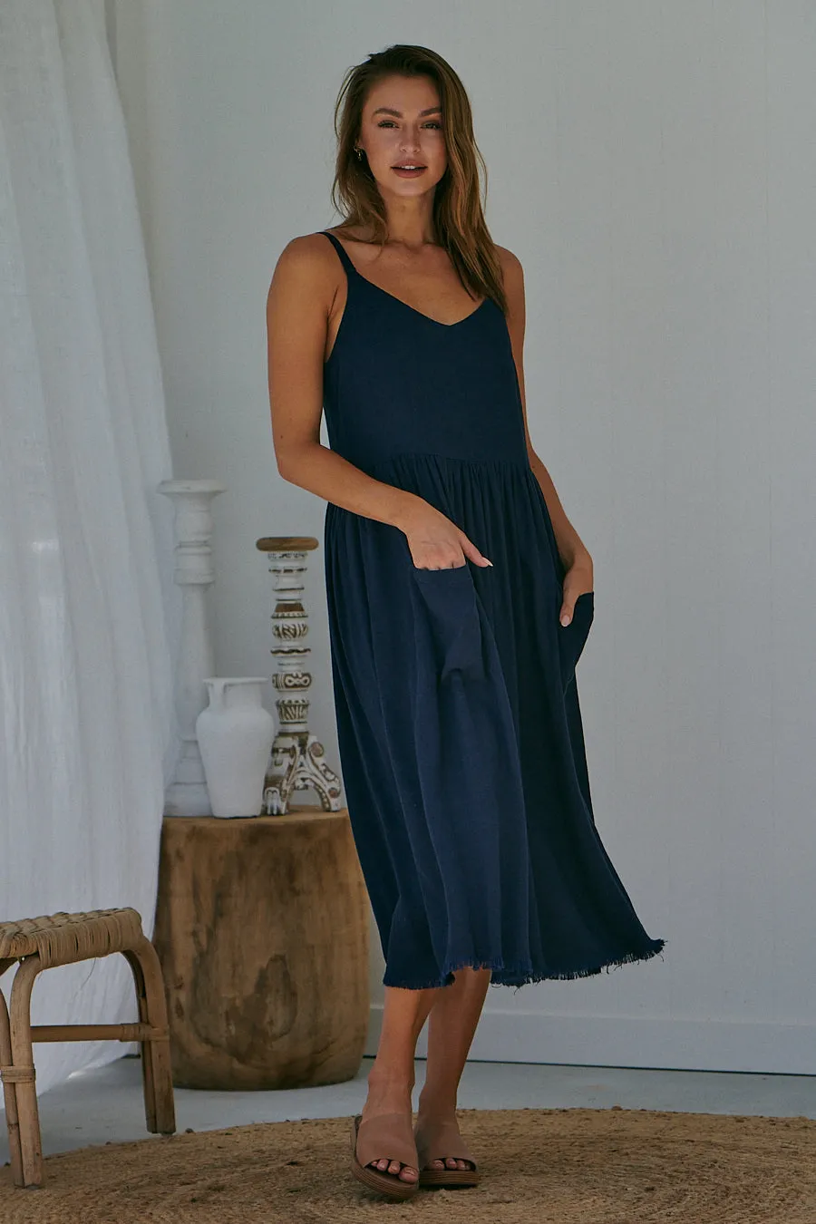 Orchid Linen Torn Trim Pocket Navy Midi Dress