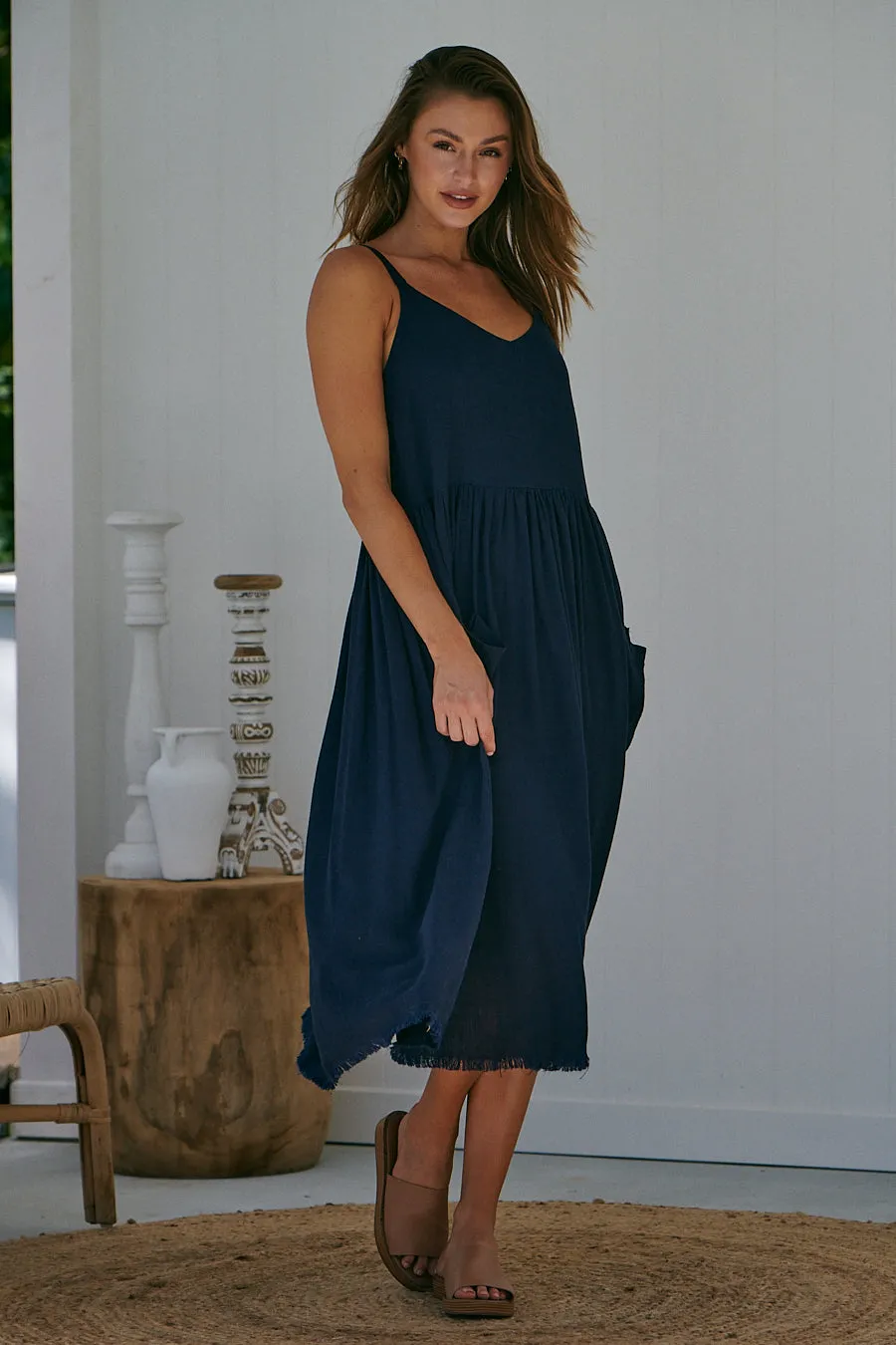 Orchid Linen Torn Trim Pocket Navy Midi Dress