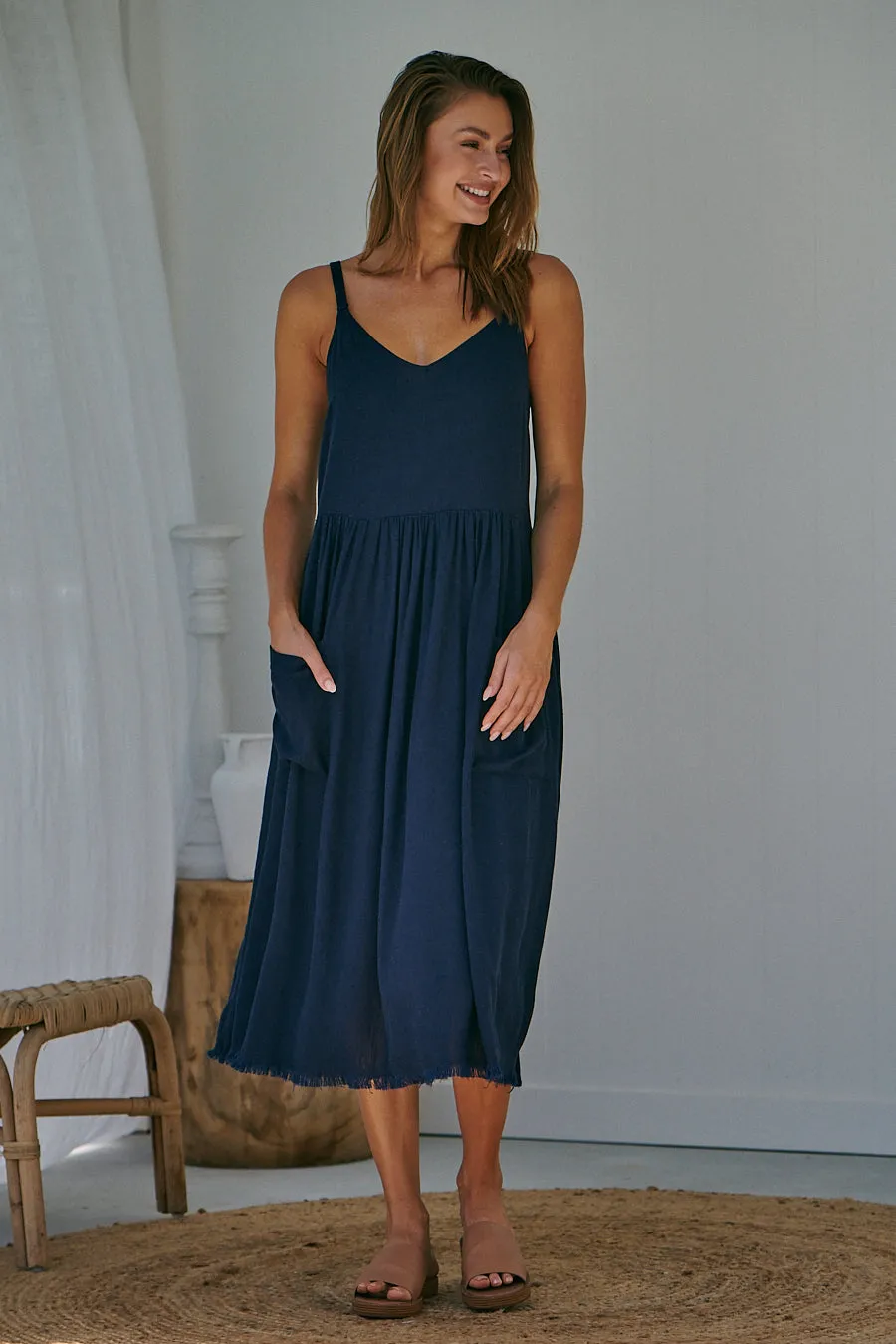 Orchid Linen Torn Trim Pocket Navy Midi Dress