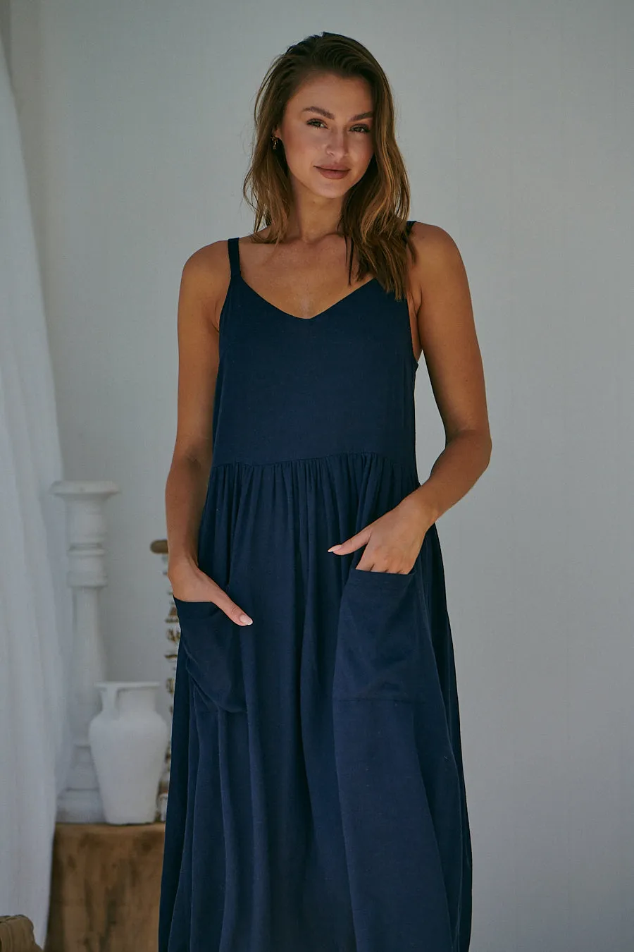 Orchid Linen Torn Trim Pocket Navy Midi Dress