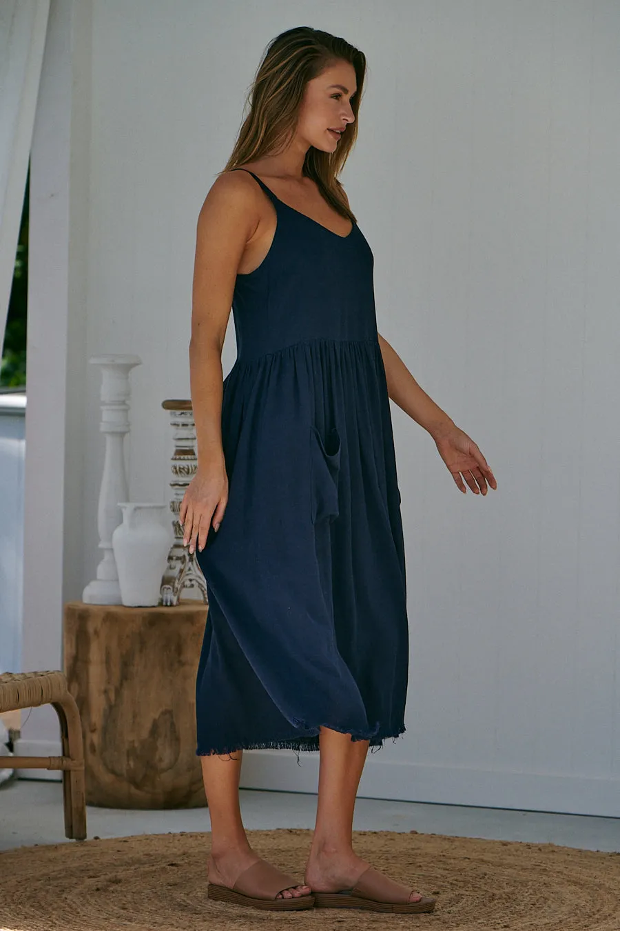 Orchid Linen Torn Trim Pocket Navy Midi Dress