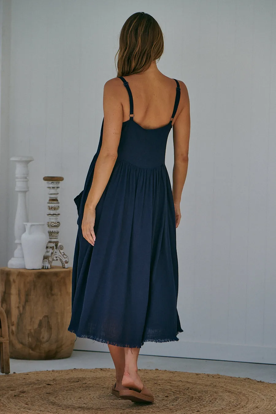 Orchid Linen Torn Trim Pocket Navy Midi Dress