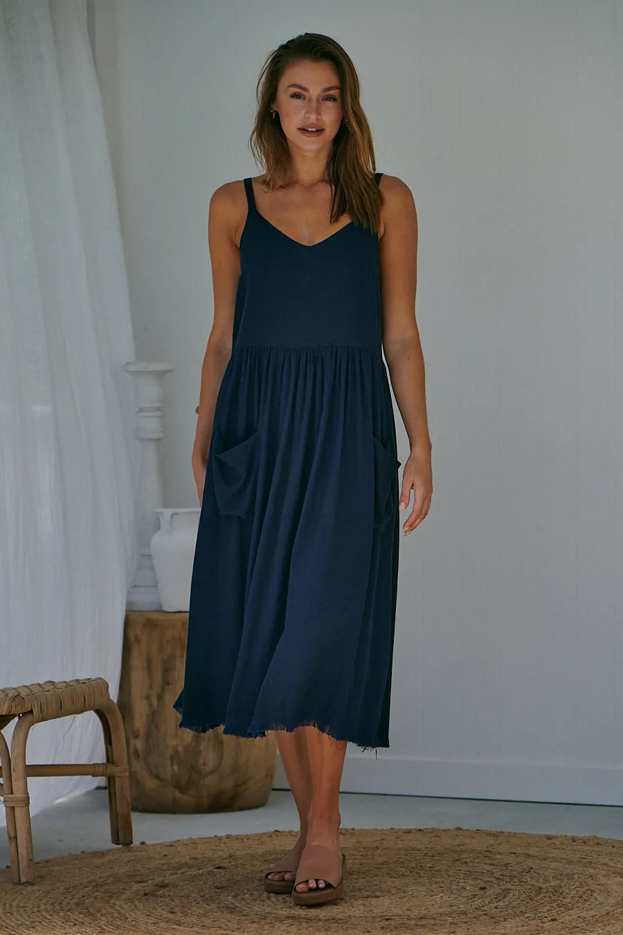 Orchid Linen Torn Trim Pocket Navy Midi Dress