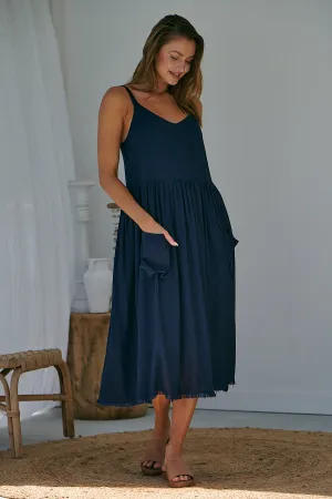 Orchid Linen Torn Trim Pocket Navy Midi Dress