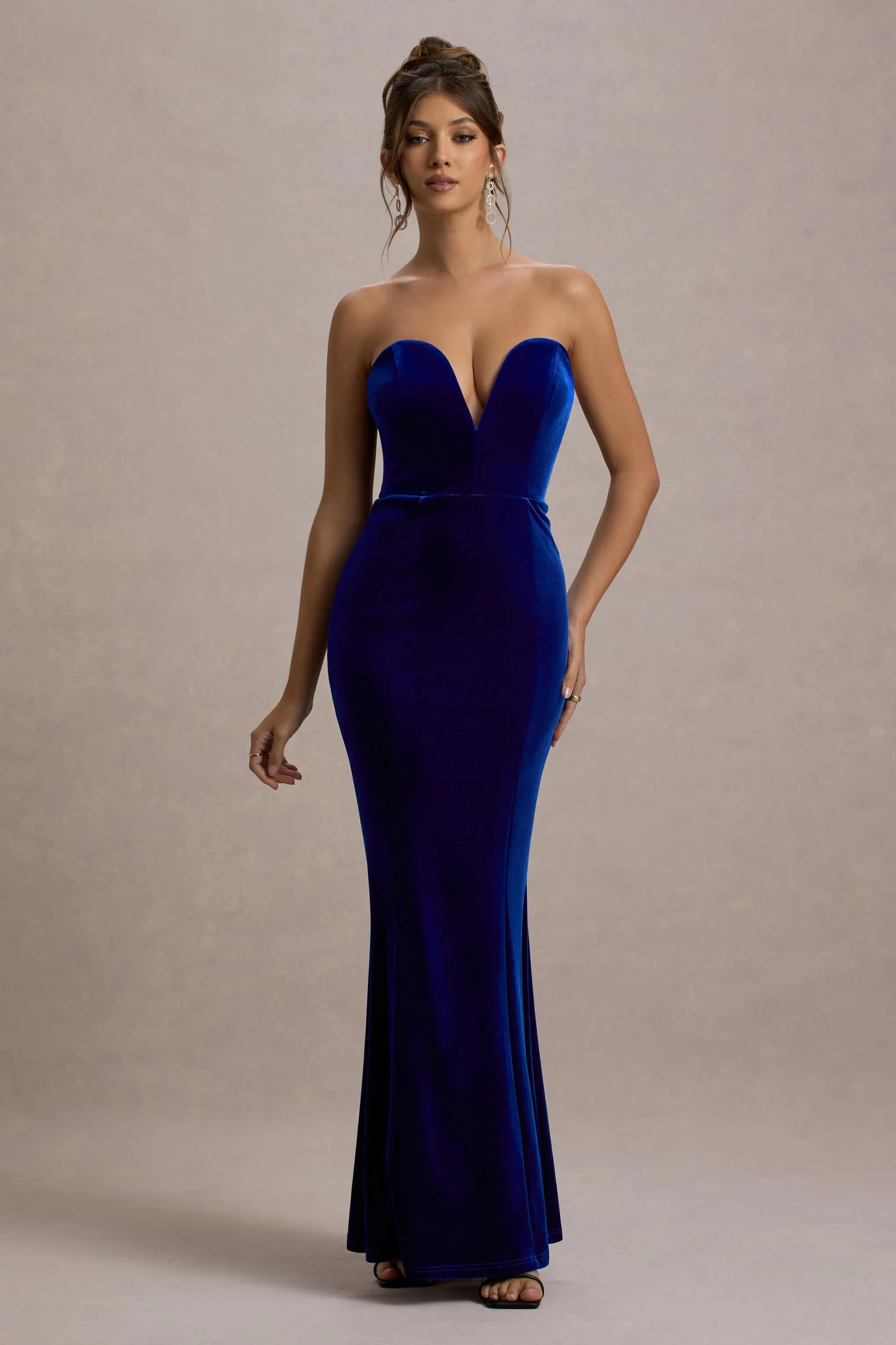 Pacifica | Cobalt Velvet Plunge-Neck Strapless Maxi Dress