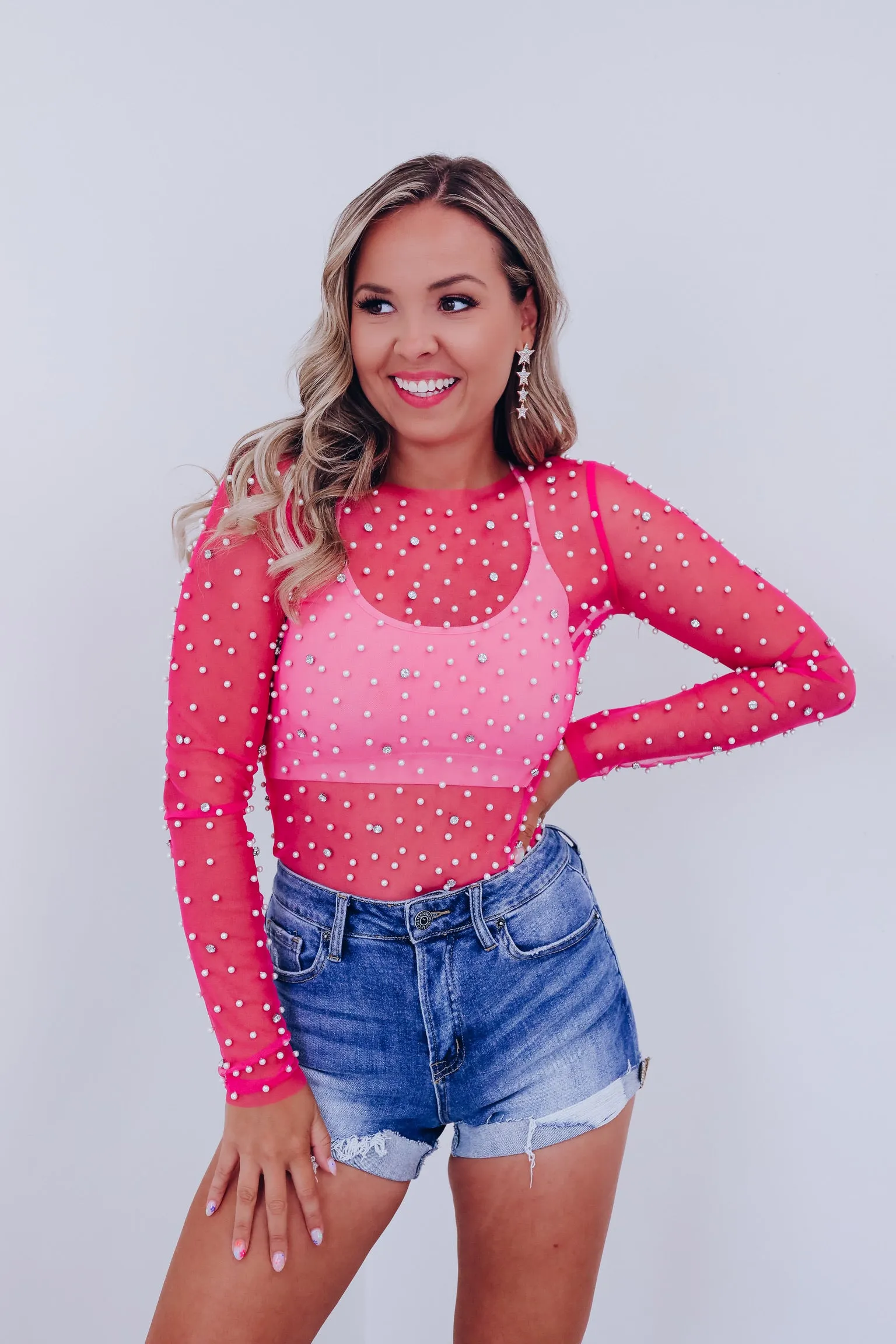 Pearly Rhinestone Mesh Crop Top - Pink